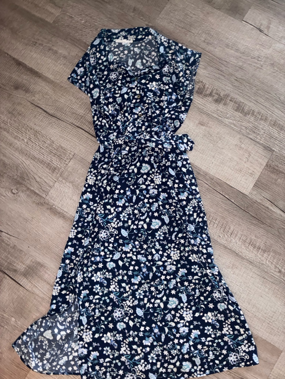 Lucky Brand Navy Floral Dress with Blue & White Blossoms small tie front